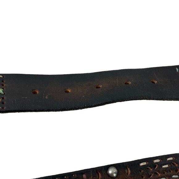 BKE Buckle Embroidered Brown Leather Studded Belt w/ Buckle Laser Cut Outs sz L - Picture 7 of 16